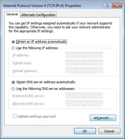 5. Επιλέξτε Obtain IP automatically και Obtain DNS automatically και ακολούθως πατήστε το κουμπί Advanced. 6.