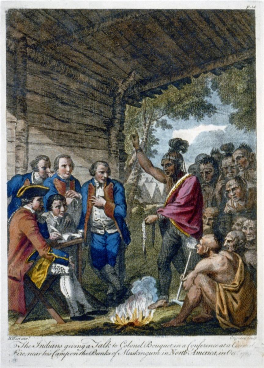 The Indians giving a talk to Colonel Bouquet in a conference at a council