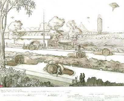 Frank Lloyd Wright: broadacre city living city (1932-1958) Ο Frank Lloyd Wright ανέπτυξε την ιδέα του broadacre city σε κείμενα, σχέδια και προπλάσματα από το1932 έως το 1958, στα οποία πρότεινε τη