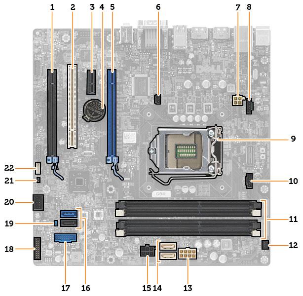 υποδοχή PCI Express x16 (συρματωμένη ως x4) 2. υποδοχή PCI 3. υποδοχή κάρτας PCIe x1 4. μπαταρία σε σχήμα νομίσματος 5.