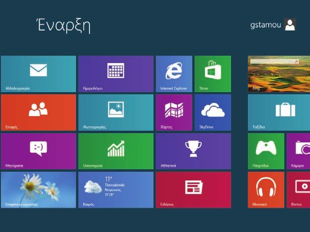 Η οθόνη Έναρξης των Windows 8 Πριν ασχοληθούμε με τις λεπτομέρειες της εργασίας στα Windows 8, αφιερώστε λίγο χρόνο για να εξοικειωθείτε με τα βασικά στοιχεία της οθόνης Έναρξης.