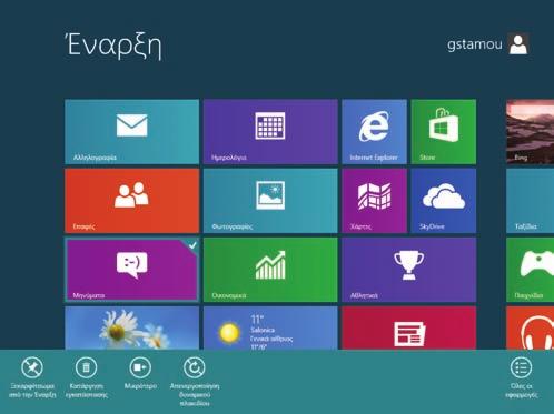 Ξεκίνημα με τα Windows 8 ΚΕΦΆΛΑΙΟ 1 Εμφάνιση της γραμμής εφαρμογής ενός πλακιδίου 1 Τοποθετήστε το δάχτυλό σας επάνω στο αντικείμενο το οποίο θέλετε να χειριστείτε και σαρώστε προς τα κάτω.