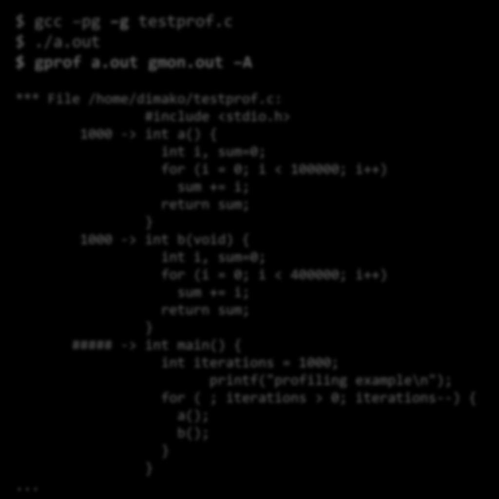 Annotated source $ gcc pg g testprof.c $./a.out $ gprof a.out gmon.out A *** File /home/dimako/testprof.c: #include <stdio.