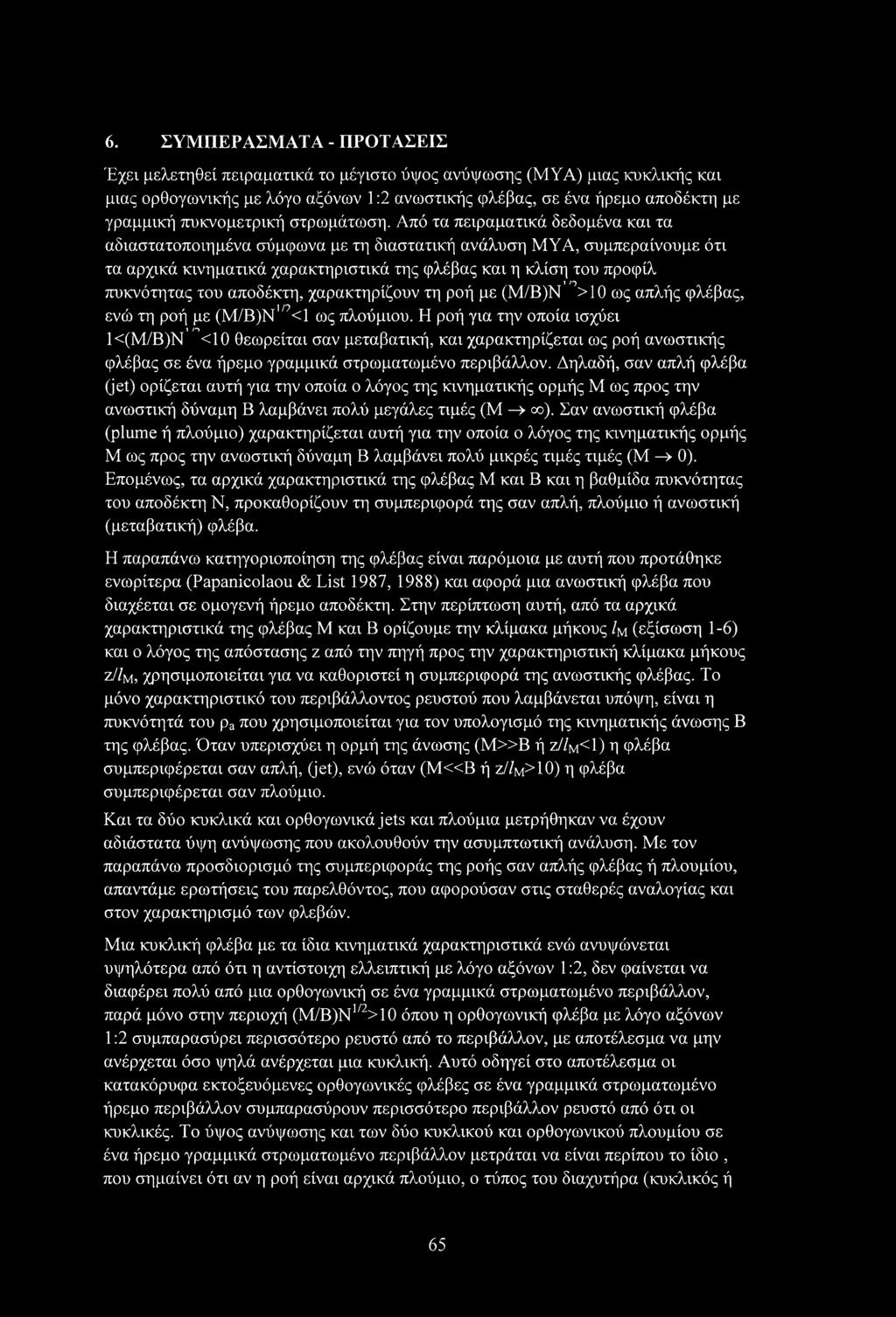 Από τα πειραματικά δεδομένα και τα αδιαστατοποιημένα σύμφωνα με τη διαστατική ανάλυση ΜΥΑ, συμπεραίνουμε ότι τα αρχικά κινηματικά χαρακτηριστικά της φλέβας και η κλίση του προφίλ ι / ) πυκνότητας του