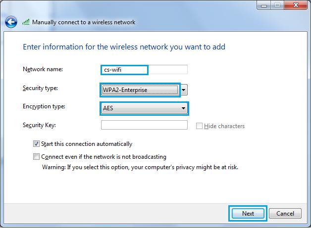 7 ο Βήμα: Στο νέο παράθυρο που θα εμφανιστεί, συμπληρώστε τα ακόλουθα πεδία όπως φαίνεται στην επόμενη εικόνα και έπειτα επιλέξετε Next: Network name: cs-wifi Security type: WPA2-Enterprise