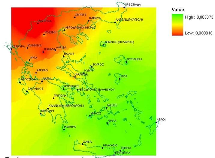 Σχήμα 2 Γεωγραφική κατανομή της παραμέτρου a Για τις ανάγκες της παρούσας εργασίας έχοντας ως δεδομένες τις χρονοσειρές της ημερήσιας θερμοκρασίας, υπολογίστηκε αρχικά η ημερήσια εξατμοδιαπνοή μέσω