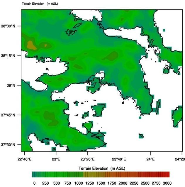 950 σημεία), με οριζόντια χωρική ανάλυση 2 km, και καλύπτει την Αττική, τμήματα της Ανατολικής Βοιωτίας, της Βορειοανατολικής Πελοποννήσου και της Εύβοιας, καθώς επίσης και τα νησιά του Σαρωνικού και