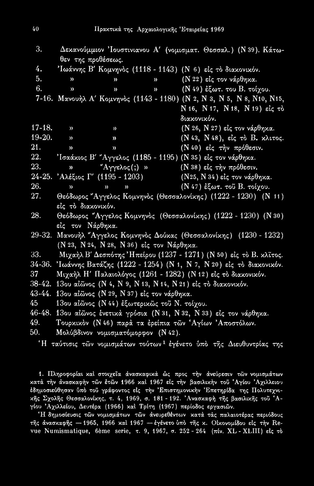 Θεόδωρος Άγγελος Κομνηνός (Θεσσαλονίκης) (1222-1230) (Ν 11) εις τό διακονικόν. 28. Θεόδωρος Άγγελος Κομνηνός (Θεσσαλονίκης) (1222-1230) (Ν30) εις τον Νάρθηκα. 29-32.