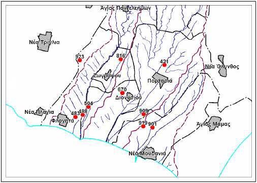 Εικόνα 3.5: Δίκτυο γεωτρήσεων παρατήρησης.(πηγή: Λατινόπουλος κ.ά., 2003) Οι τιμές των υδραυλικών παραμέτρων αποτελούν μέσο όρο των επάλληλων στρωμάτων γιατί οι γεωτρήσεις αντλούν από μεγάλα βάθη.