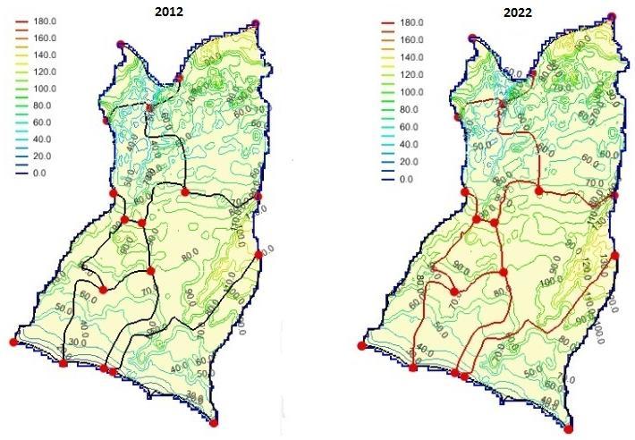 Εικόνα 6.1: Βάθος άντλησης (m) ανά δ/δ στις 01/10/2012 και 01/10/2022 Εικόνα 6.