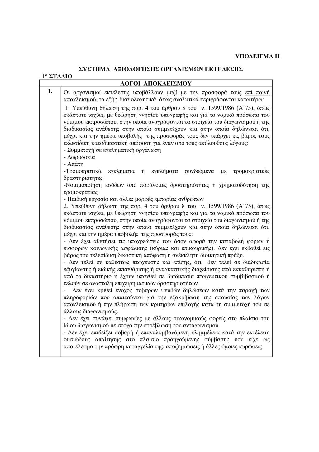 ΥΠΟΔΕΙΓΜΑ II ΣΥΣΤΗΜΑ ΑΞΙΟΛΟΓΗΣΗΣ ΟΡΓΑΝΙΣΜΩΝ ΕΚΤΕΛΕΣΗΣ 1 ΣΤΑΔΙΟ ΛΟΓΟΙ ΑΠΟΚΛΕΙΣΜΟΥ 1.