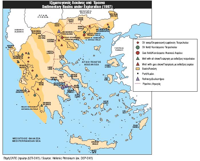 ΤΟ ΠΕΤΡΕΛΑΙΟ Σχήμα 1-13 Ιζηματολογικές λεκάνες υπό έρευνα (Πηγή: www.energeia.gr) Κοίτασμα Φυσικού Αερίου Νότιας Καβάλας Ανακαλύφθηκε το 1973 στη θαλάσσια περιοχή της Θάσου από την εταιρεία Oceanic.