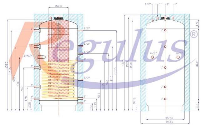 DUO E 600/150 boileri mõõtmed - Järeljahuti termostaadiga ohutusventiil Järeljahuti termostaadiga ohutusventiil paigaldatakse järeljahuti kontuuri veesisendile.