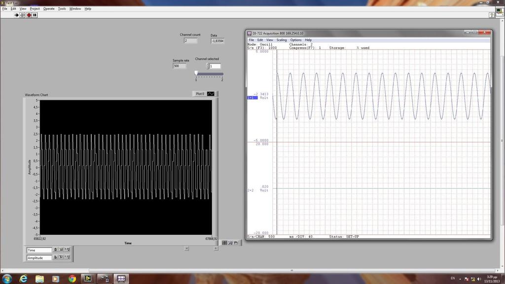 Sample rate: 500 samples/channel, Amplitude: 5V peak-to-peak, Frequency: 10Hz