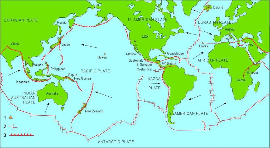 (Dickson, Fanelli 2004). Εικόνα 2.5. Τεκτονικές πλάκες, μεσωκεάνιες ράχες, ωκεάνιες τάφροι, ζώνες καταβύθισης και γεωθερμικά πεδία.