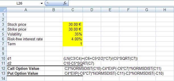 3.6 Το μοντέλο Black & Scholes ςτο Excel Σην excel, ε δεκηνπξγία κηα θφξκνπιαο ππνινγηζκνχ ηεο αμίαο ελφο δηθαηψκαηνο κε βάζε ην κνληέιν Black & Scholes γίλεηαη σο εμήο : Αξρηθά θαηαρσξνχκε ζε έμη