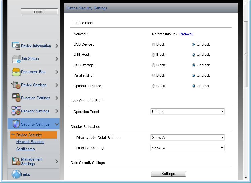 Προετοιμασία πριν από τη χρήση 4 Από το μενού Security Settings, επιλέξτε τη ρύθμιση που θέλετε να διαμορφώσετε.