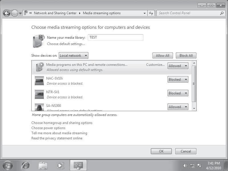 Слушање на аудио содржина складирана на компјутер со Windows 7 7 Ако се појави [Media streaming is not turned on] (Континуираниот тек на медиуми не е вклучен) во Media streaming
