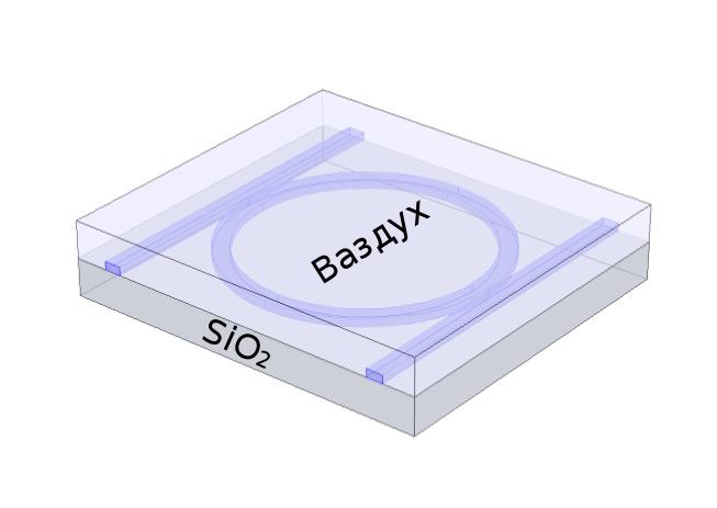 Слика 4.1: Модел микро-прстенастог резонатора са два латерално спрегнута праволинијска светловода.