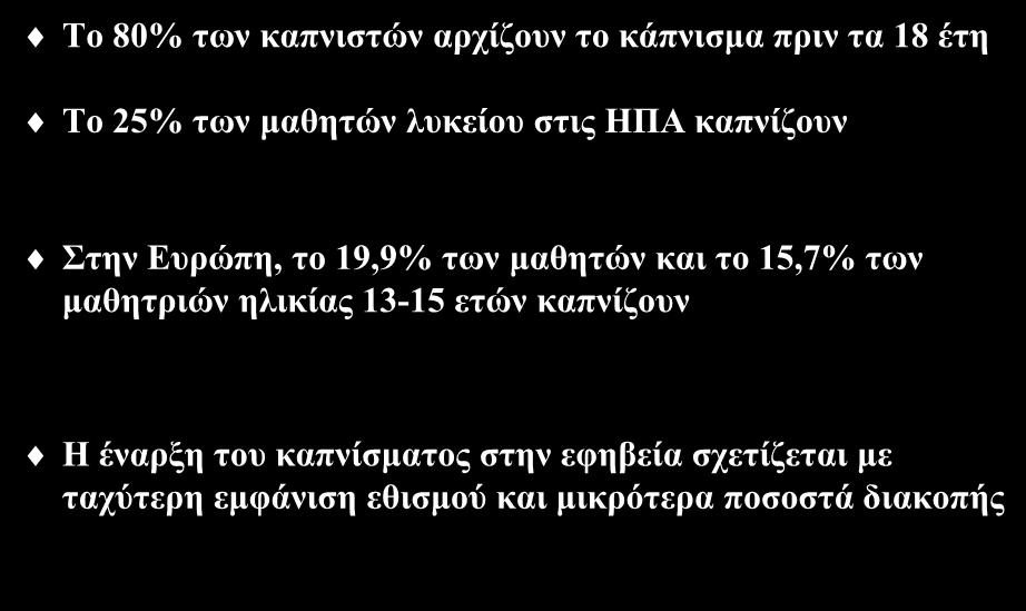 Κάπληζκα ζηε εθεβεία Τν 80% ησλ θαπληζηψλ αξρίδνπλ ην θάπληζκα πξηλ ηα 18 έηε Τν 25% ησλ καζεηψλ ιπθείνπ ζηηο ΗΠΑ θαπλίδνπλ N Engl J Med 2010;362:2295-303 Σηελ Δπξψπε, ην 19,9% ησλ