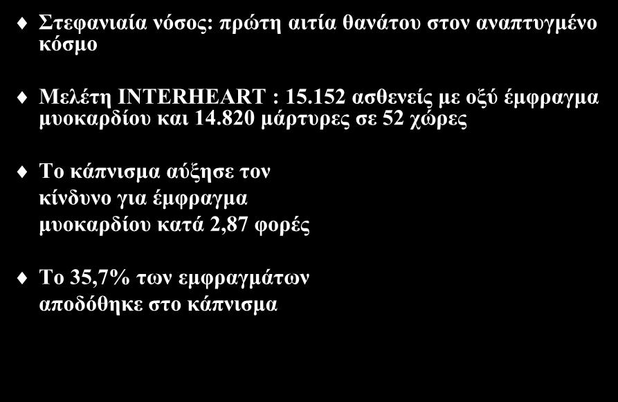 Κάπληζκα θαη θαξδηαγγεηαθφο θίλδπλνο Σηεθαληαία λφζνο: πξψηε αηηία ζαλάηνπ ζηνλ αλαπηπγκέλν θφζκν Μειέηε INTERHEART : 15.