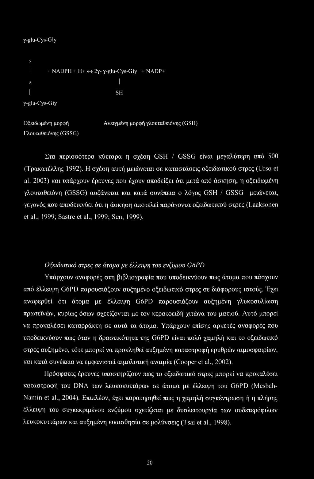 2003) και υπάρχουν έρευνες που έχουν αποδείξει ότι μετά από άσκηση, η οξειδωμένη γλουταθειόνη (GSSG) αυξάνεται και κατά συνέπεια ο λόγος GSH / GSSG μειώνεται, γεγονός που αποδεικνύει ότι η άσκηση