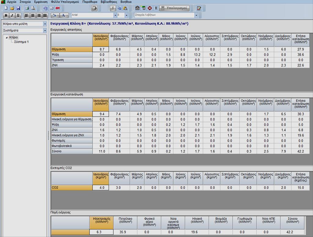4.1.1.2 Αποτελέσματα Με τις παραπάνω αλλαγές στα Η/Μ συστήματα, και έπειτα από επανυπολογισμό των ενεργειακών απαιτήσεων και καταναλώσεων του κτηρίου, προέκυψαν τα παρακάτω αποτελέσματα. Εικόνα 4.