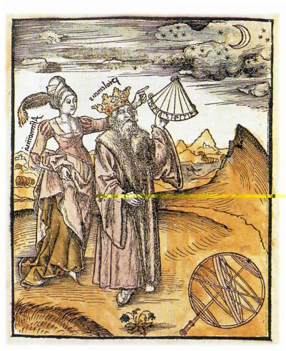Ο Πτολεμαίος και η Αστρονομία. Ο Πτολεμαίος παρατηρεί με το τεταρτοκύκλιο το ύψος της σελήνης. Πρόκειται για μεταγενέστερη μορφή του οργάνου. Στο έδαφος και ο σφαιρικός αστρολάβος.