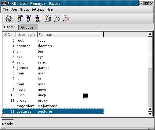 Εικόνα 97 Το αρχικό παράθυρο του εργαλείου kuser Λογιστική χρηστών (user accounting) Όπως ακριβώς και με την λογιστική διεργασίων, το Linux