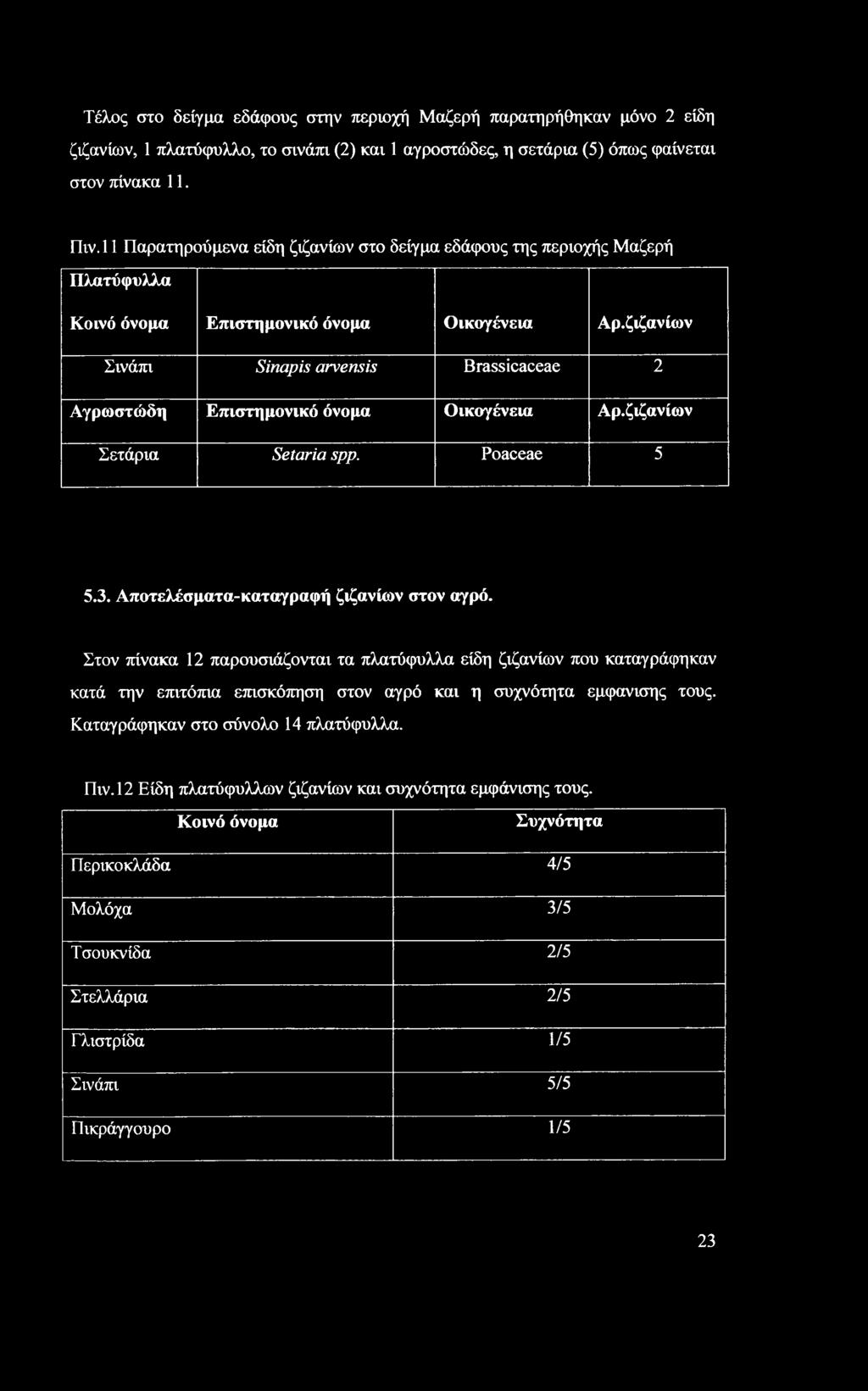 ζιζανίων Σινάπι Sinapis arvensis Brassicaceae 2 Αγρωστώδη Επιστημονικό όνομα Οικογένεια Αρ.ζιζανίων Σετάρια Setaria spp. Poaceae 5 5.3. Αποτελέσματα-καταγραφή ζιζανίων στον αγρό.