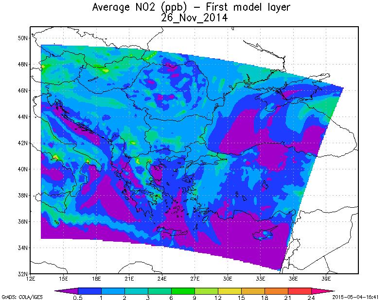 Σχήμα 1: Χάρτης της συγκέντρωσης του ΝΟ 2 στην περιοχή της Ελλάδας για τις