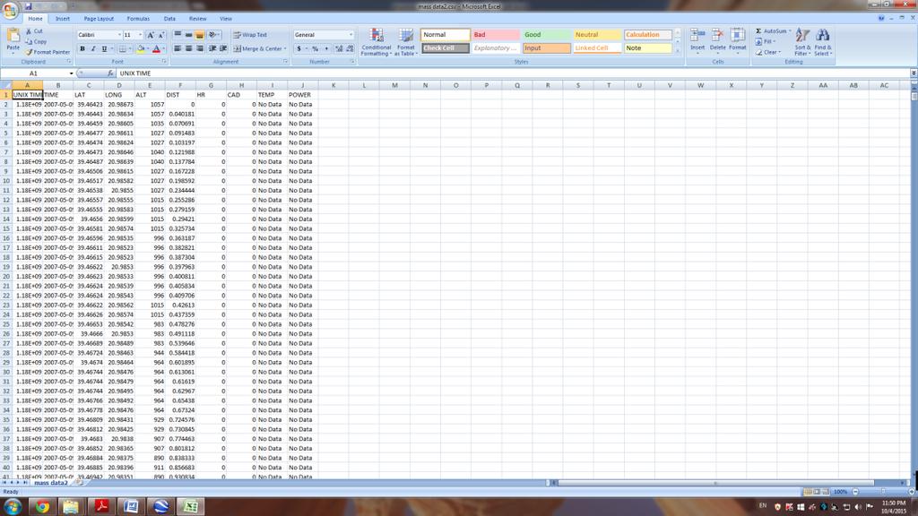 Σχήμα 4.4: Αρχείο Excel με τα δεδομένα από το πρόγραμμα TCX Converter. Στο παρόν αρχείο διαγράφονται οι στήλες A, B, F, G, H, I και J καθώς και η πρώτη γραμμή.
