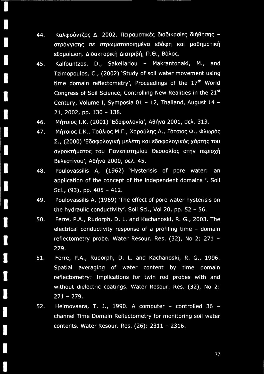 , (2002) 'Study of soil water movement using time domain reflectometry', Proceedings of the 17th World Congress of Soil Science, Controlling New Realities in the 21st Century, Volume I, Symposia