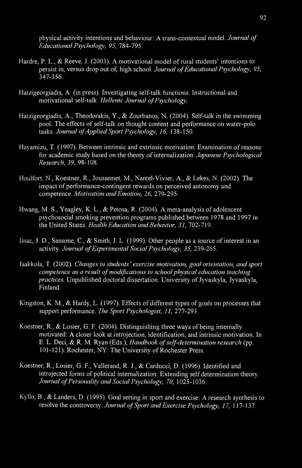 Investigating self-talk functions: Instructional and motivational self-talk. Hellenic Journal of Psychology. Hatzigeorgiadis, A., Theodorakis, Y., & Zourbanos, N. (2004).