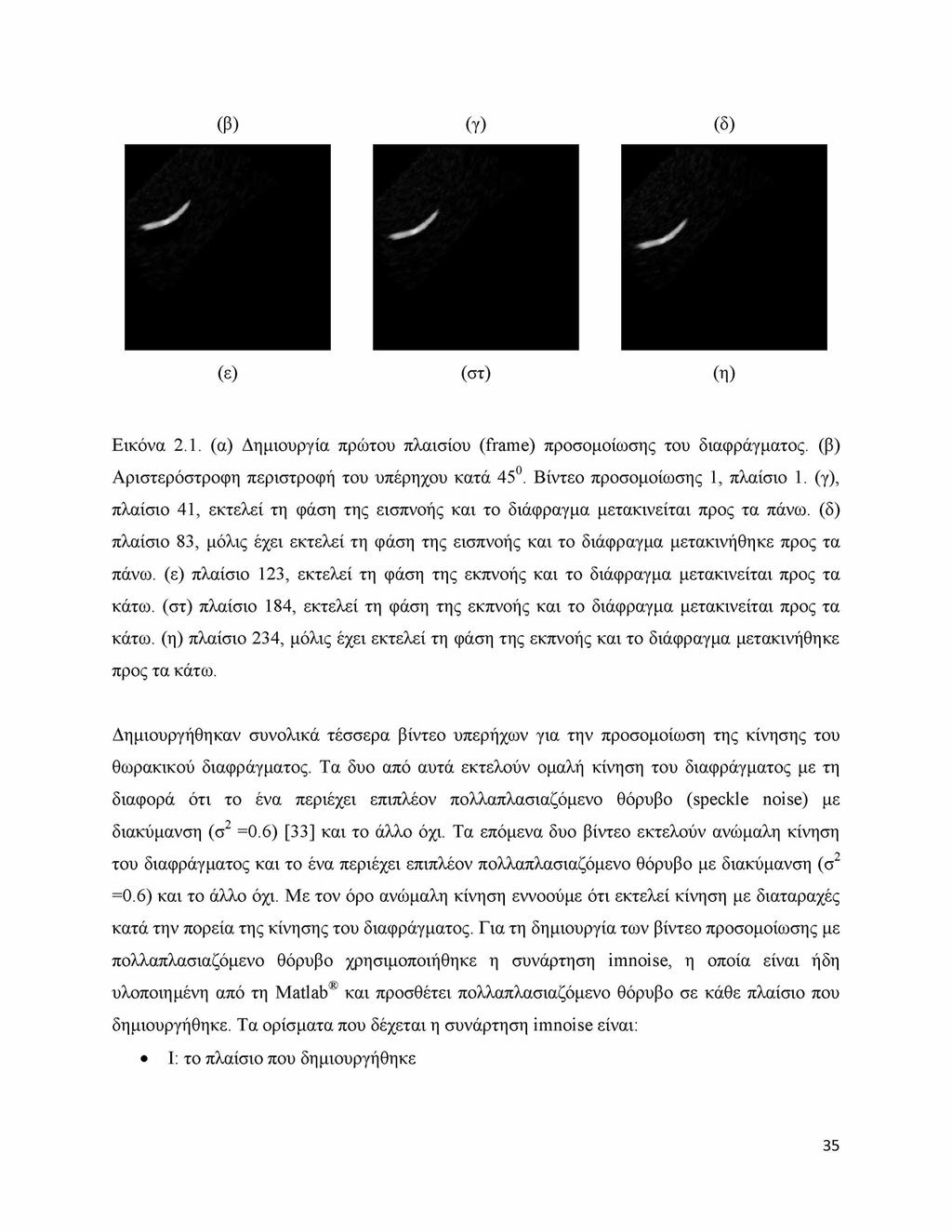 (β) (γ) (δ) (ε) (στ) (η) Εικόνα 2.1. (α) Δημιουργία πρώτου πλαισίου (frame) προσομοίωσης του διαφράγματος. (β) Αριστερόστροφη περιστροφή του υπέρηχου κατά 450. Βίντεο προσομοίωσης 1, πλαίσιο 1.