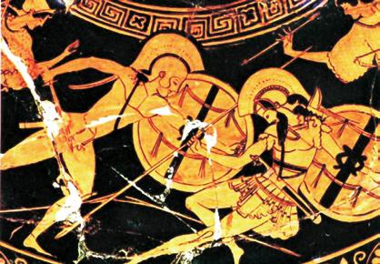 Μο νο μα χί α Α χιλ λέ α και Έ κτο ρα. Ο Α χιλ λέ ας κρα τά ξί φος, ο Έ κτωρ δό ρυ, ο Ό μη ρος όμως μας πε ρι γρά φει ό τι ο Α χιλ λέ ας κρα τά δό ρυ και ο Έ κτωρ ξί φος. φό βος (Φ 136 έ λε τρό μος).