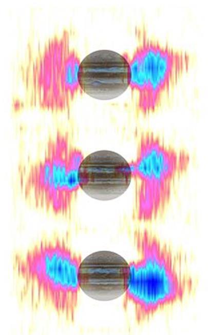 Jupiter's variable radiation belts Οι ευμετάβλητες ζώνες ακτινοβολίας του Δία απεικονίζονται στα ραδιοκύματα με ένα ραδιοτηλεσκόπιο.