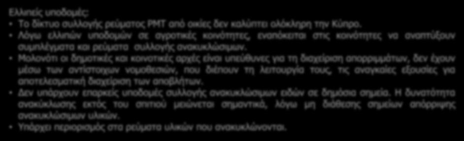 Τομέας Ανακύκλωσης Εμπόδια στην εφαρμογή Ανακύκλωσης Ελλιπείς υποδομές: Το δίκτυο συλλογής ρεύματος PMT από οικίες δεν καλύπτει ολόκληρη την Κύπρο.