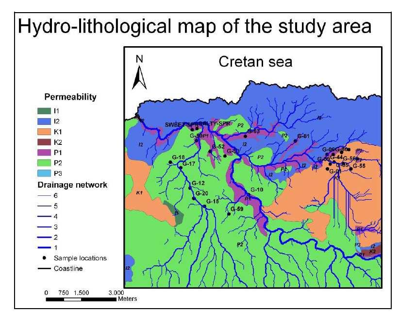 Εικόνα 5: Υδρολιθολογική κατάσταση της περιοχής µελέτης. Βλ. πίνακα 2 για επεξήγηση των βασικών χρωµάτων. Πίνακας 2:H υδρολιθολογική κατάταξη των γεωλογικών µονάδων µε βάση την διαπερατότητα.