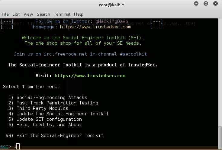 /seupdate. Αθοω ηο social engineer toolkit γίνεη updated ηψηε ζα ηο ηπέξυ απψ ηο γπαθηθψ πεπηβάιιον ηος Kali Linux. εηθψνα 3.