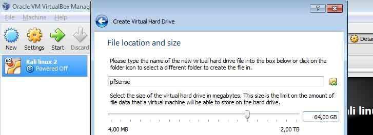 και ςτο ςτιςιμο τθσ εικονικισ μθχανισ του Kali Linux 2, ςτο μζγιςτο μζγεκοσ του virtual disk image δίνουμε 64 GB για να είναι άνετα και