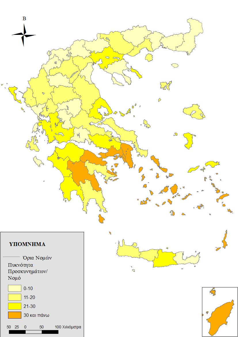 Χάρτης 1: Η πυκνότητα των προσκυνημάτων στους νομούς της Ελλάδας Συνοπτικά, τα βασικά χαρακτηριστικά του θρησκευτικού τουρισμού της Ελλάδας, όπως προκύπτει από έρευνα στη σχετική βιβλιογραφία, αφού