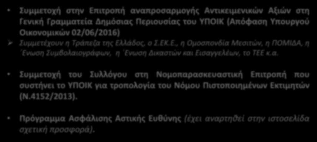 Κύριες Δραστηριότητες Συμμετοχή στην Επιτροπή αναπροσαρμογής Αντικειμενικών Αξιών στη Γενική Γραμματεία Δημόσιας Περιουσίας του ΥΠΟΙΚ (Απόφαση Υπουργού Οικονομικών 02/06/2016) Συμμετέχουν η Τράπεζα