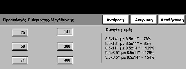 9 Ρυθµίσεις Προεπιλογές µηχανήµατος Προεπιλογές Σµίκρυνσης/Μεγέθυνσης Η λειτουργία αυτή επιτρέπει στο διαχειριστή του µηχανήµατος να ορίσει τις 6 προεπιλεγµένες αναλογίες σµίκρυνσης ή µεγέθυνσης.