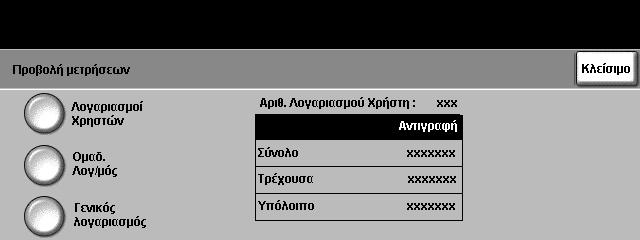 9 Ρυθµίσεις Πεδίο Σύνολα Τρέχουσα λειτουργία Υπόλοιπο Περιγραφή Εµφανίζεται ο συνολικός αριθµός των ειδώλων που ενηµερώνονται στο λογαριασµό.