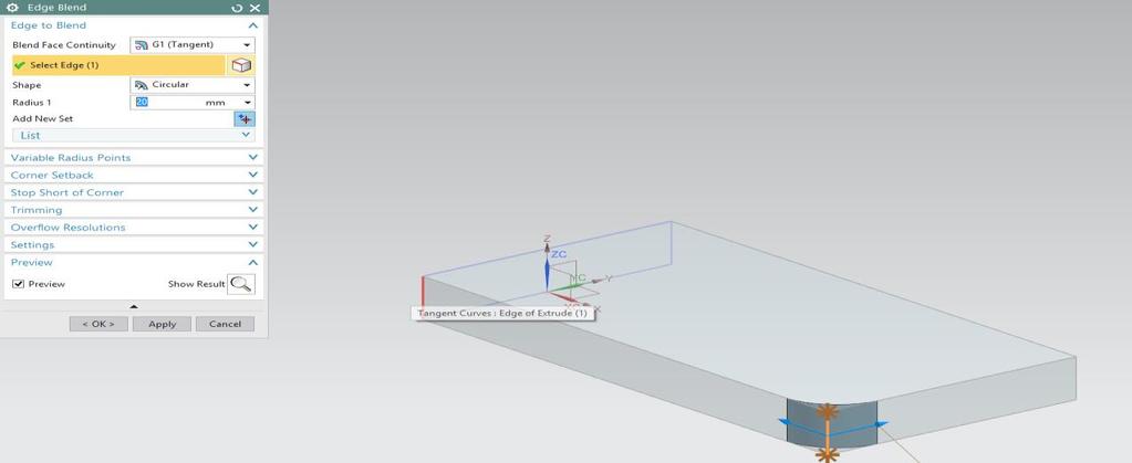 Η εντολή Edge Blend Με την εντολή αυτή θα δώσουμε καμπύλη μορφή σε δύο ακμές του μοντέλου που έχουμε σχεδιάσει Επιλέγουμε την εντολή αυτή κάνοντας κλικ πάνω στο εικονίδιο της και μας εμφανίζεται το