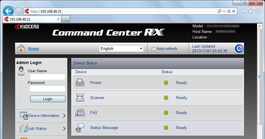 Εγκατάσταση και ρυθμίσεις του μηχανήματος > Command Center RX Πρόσβαση Command Center RX 1 Προβάλετε την οθόνη. 1 Εκκινήστε το πρόγραμμα περιήγησης ίντερνετ (browser) σας.