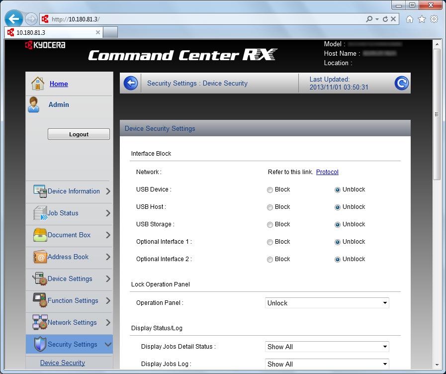 Εγκατάσταση και ρυθμίσεις του μηχανήματος > Command Center RX 2 Διαμορφώστε τις Ρυθμίσεις Ασφαλείας.
