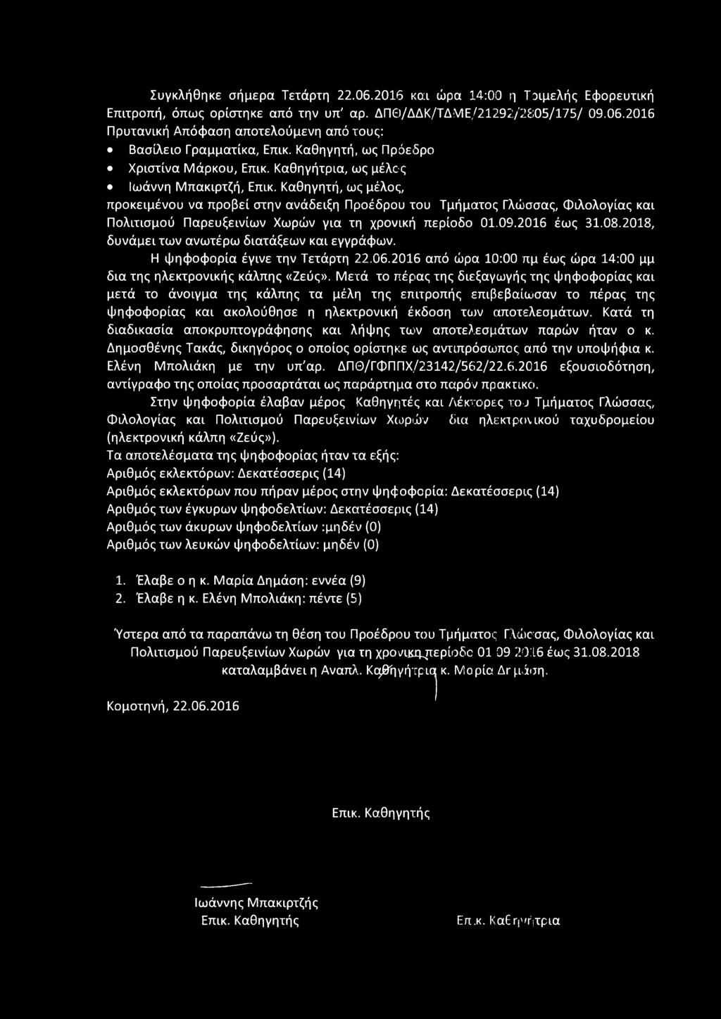 Μ ετά το πέρας της διεξαγωγής της ψηφοφορίας και μετά το άνοιγμα της κάλπης τα μέλη της επιτροπής επιβεβαίωσαν το πέρας της ψηφοφορίας και ακολούθησε η ηλεκτρονική έκδοση τιον αποτελεσμάτων.