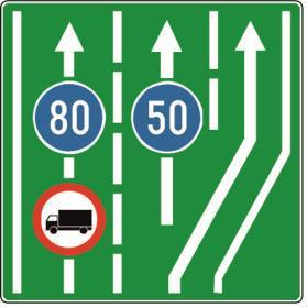 Broj prometnih traka na znaku mora odgovarati stvarnom broju prometnih traka na prometnici za smjer kretanja na koji se prometni znak odnosi.